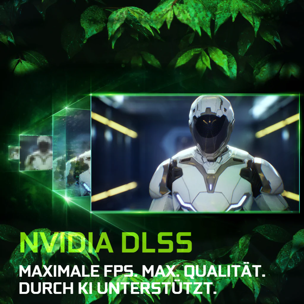 Das Titelbild des NVIDIA DLSS Blogs zeigt die Skalierung mittels künstlicher Intelligenz und den Text: "Maximale FPS. Maximale Qualität durch KI-gestütztes Rendering."