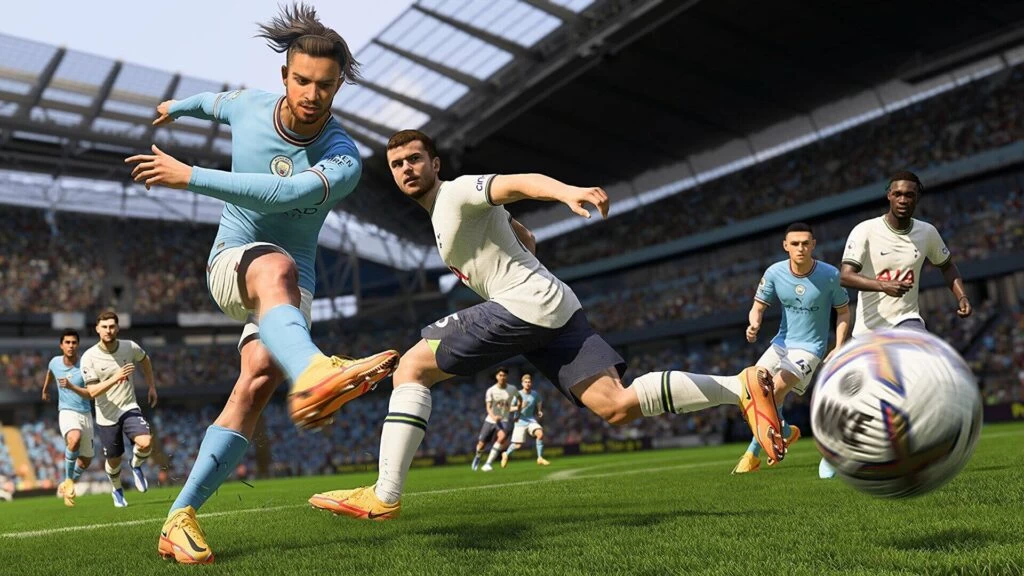 Das Bild zeigt FIFA 23. Jack Grealish setzt zum Schuss an.