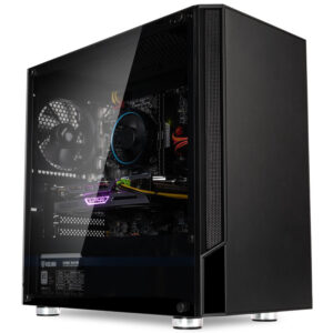 Schwarzer Gaming PC für 1000 Euro mit silbernen Standfüßen und Seitenfenster aus Hartglas.