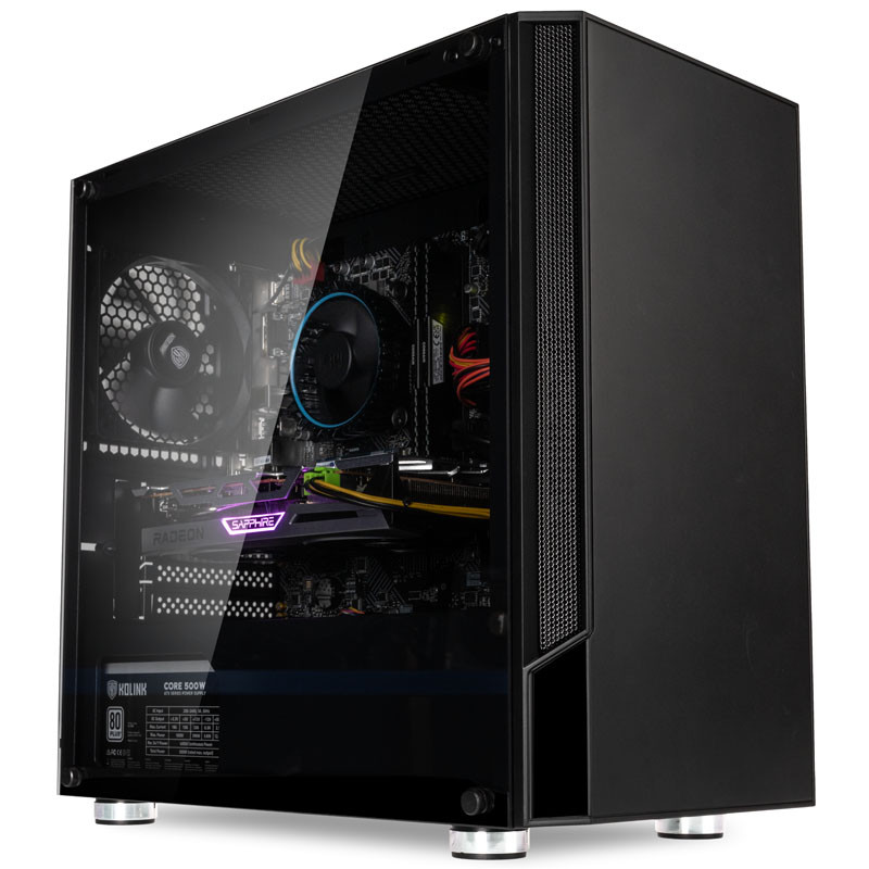 Schwarzer Gaming PC für 1000 Euro mit silbernen Standfüßen und Seitenfenster aus Hartglas.