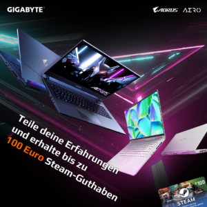 Ausgewählte Gigabyte / Aorus Gaming-Notebooks mit GeForce RTX 4000 Grafikkarten jetzt mit bis zu 100 Euro Steam-Guthaben!