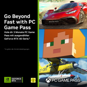 3 Monate PC Game Pass jetzt zu NVIDIA GeForce RTX 4090, 4080, 4070 (Ti) und 4060 (Ti) dazu erhalten!