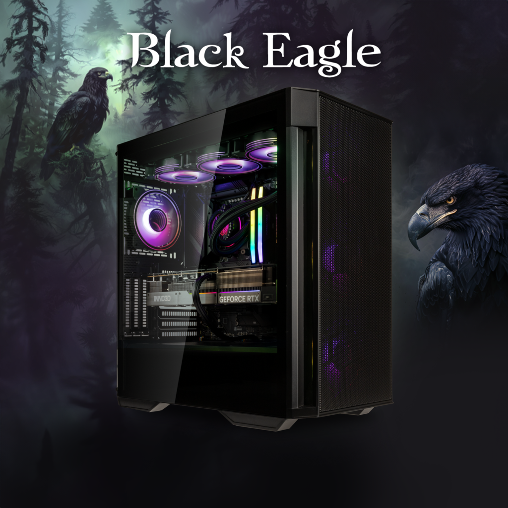 Schwarzer Gaming-PC: Black Eagle mit lila RGB-Beleuchtung