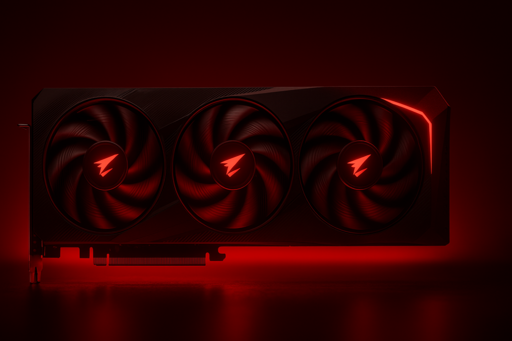High-End-Grafikkarte mit rot beleuchteten Triple-Fans in dramatischer Studioausleuchtung