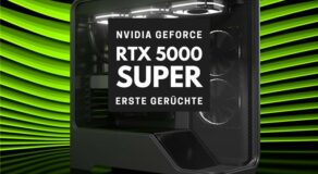 Gaming-PC mit grün-schwarzem NVIDIA-Design und Schriftzug „NVIDIA GeForce RTX 5000 Super – Erste Gerüchte“ im Vordergrund.