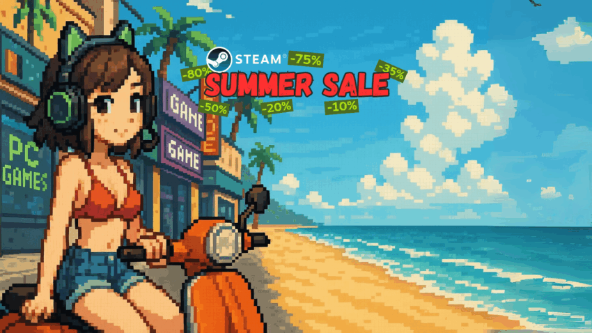 Pixel-Art-Gamerin mit Headset auf Motorroller vor Strandkulisse – Steam Summer Sale Banner mit Rabatt-Hinweisen