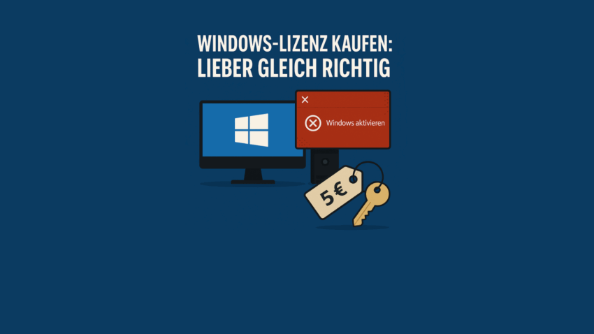 Die Grafik zeigt ein Warnschild mit „Windows aktivieren“ neben einem PC mit Windows-Logo sowie einem Preisschild mit 5 € an einem Schlüssel. Der Text darüber lautet: „Windows-Lizenz kaufen: Lieber gleich richtig“. Die Illustration verdeutlicht die Risiken extrem günstiger Windows-Keys, etwa fehlende Aktivierung oder rechtliche Grauzonen.