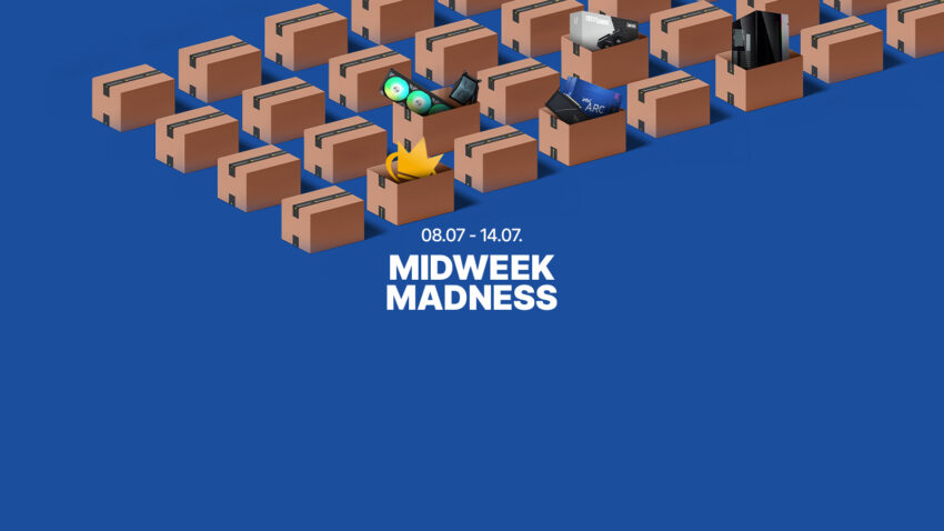 Midweek Madness: Exklusive Deals auf Grafikkarten, CPU-Kühler und mehr vom 08.07. bis 14.07. Zahlreiche Versandkartons, einige mit sichtbaren Produkten wie einer Intel ARC Grafikkarte, einem ZOTAC Modell, einer AiO-Wasserkühlung und einem PC-Gehäuse. Hintergrund in kräftigem Blau.