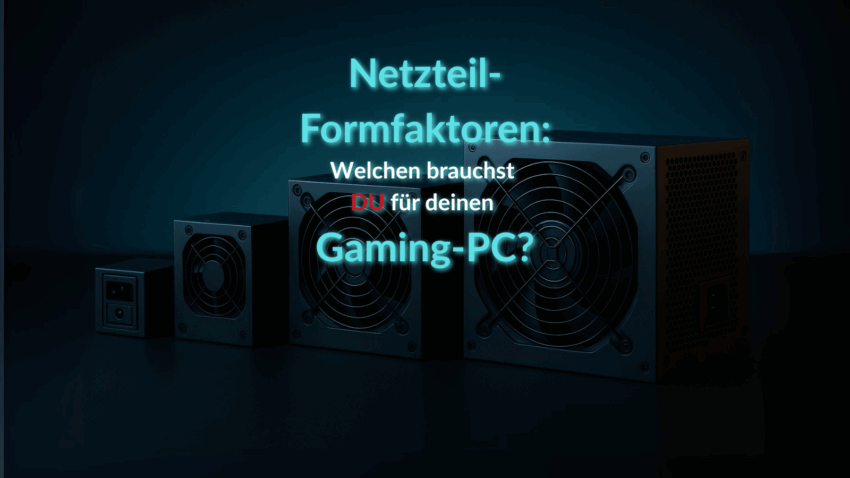 TEXT: Netzteilformfaktor: Welchen brauchst du für deinen Gaming-PC? vor Netzteilen von klein bis groß, mit türkisem glühen im hintergrund