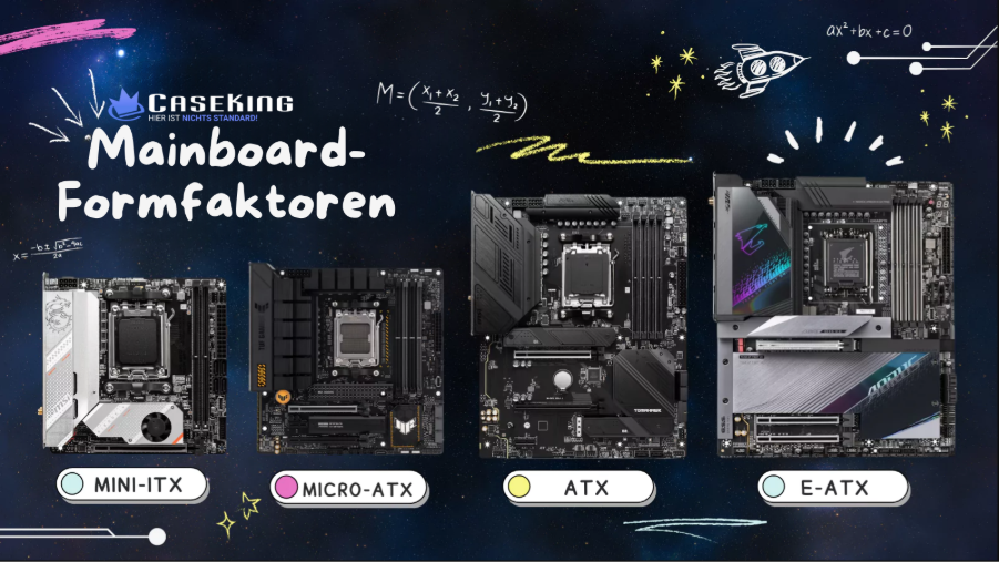 Mainboard-Formfaktoren dargestellt: darunter Mini-ITX, Micro-ATX, ATX und E-ATX, mit Text "Mainboard-Formfaktoren" und Caseking-Logo