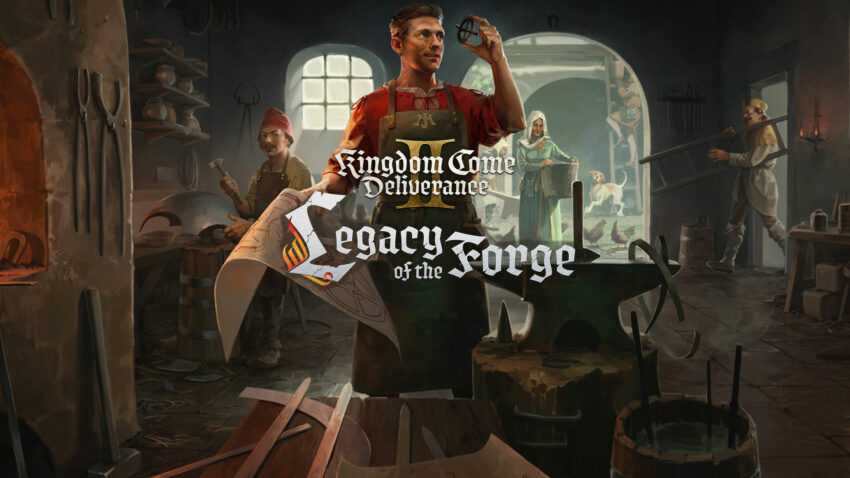 Artwork zu Kingdom Come: Deliverance II – Legacy of the Forge: Schmied hält ein Zahnrad in der Hand, umgeben von Handwerkern in einer mittelalterlichen Schmiede, im Hintergrund eine Frau mit Hunden und Hühnern.