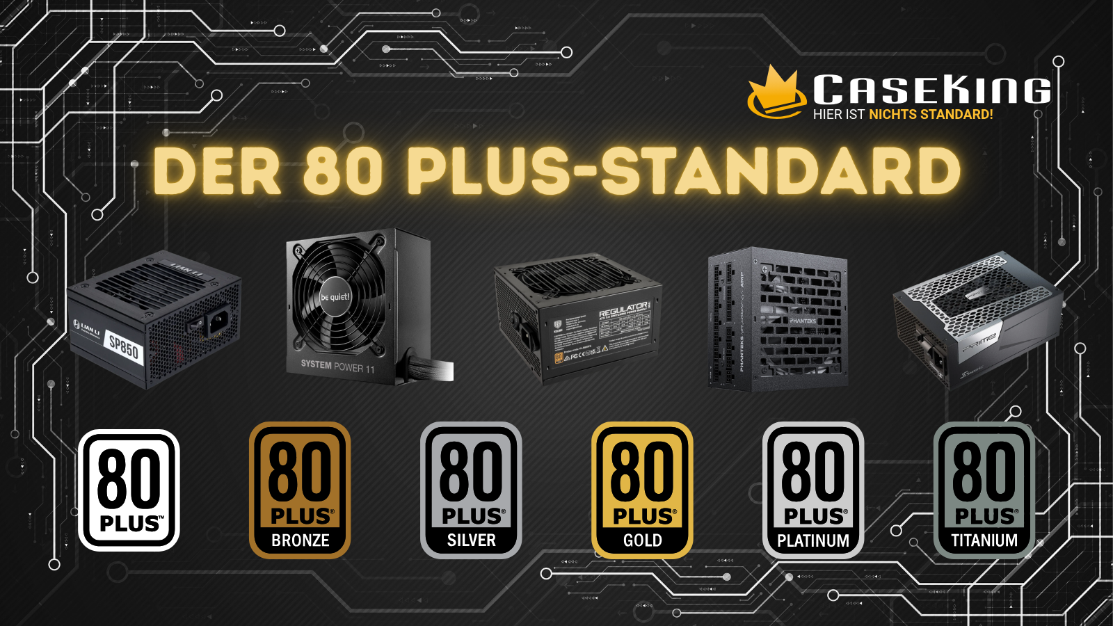 Der 80 PLUS-Standard, mit verschiedenen Netzteilen und Logos der Effizienzklassen visualisiert.