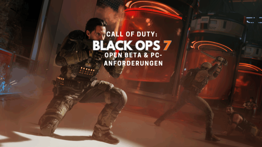Soldat in futuristischer Kampfszene aus Call of Duty: Black Ops 7, kniet mit Sturmgewehr im Anschlag, während Gegner mit Nahkampfwaffe angreift.
