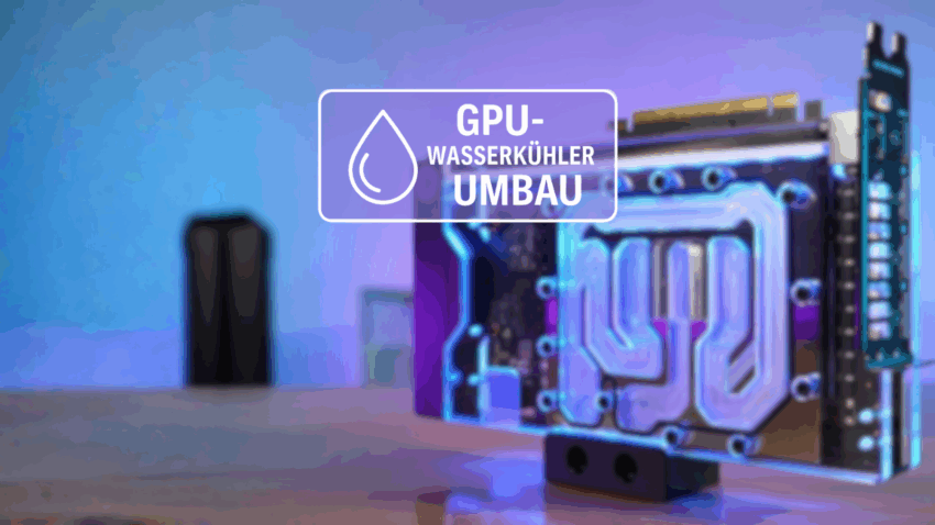 GPU-Block im Hintergrund, Logo im Vordergrund mit GPU-Wasserkühler Umbau