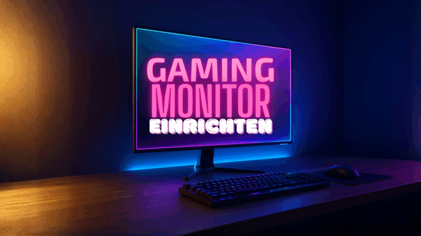 Gaming-Monitor mit RGB Beleuchtung und Schriftzug "Gaming Monitor Einrichten"