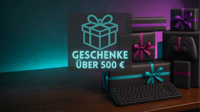 Holztisch mit Geschenken und Logo - Geschenke über 500 €