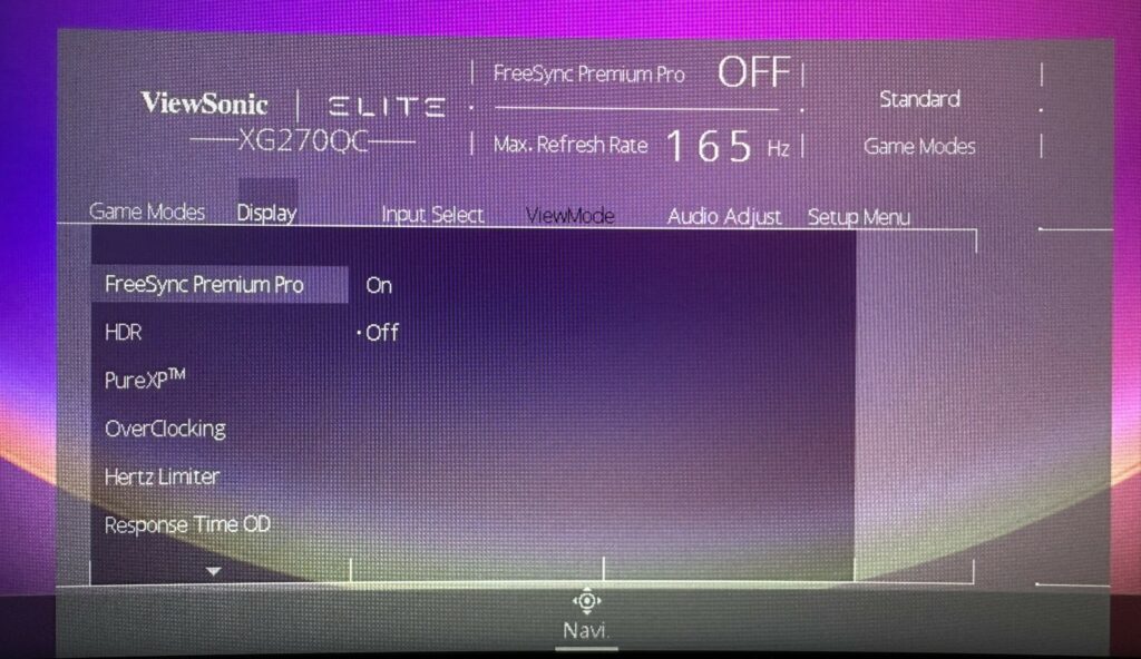 ViewSonic Elite On Screen Display mit VRR Einstellung