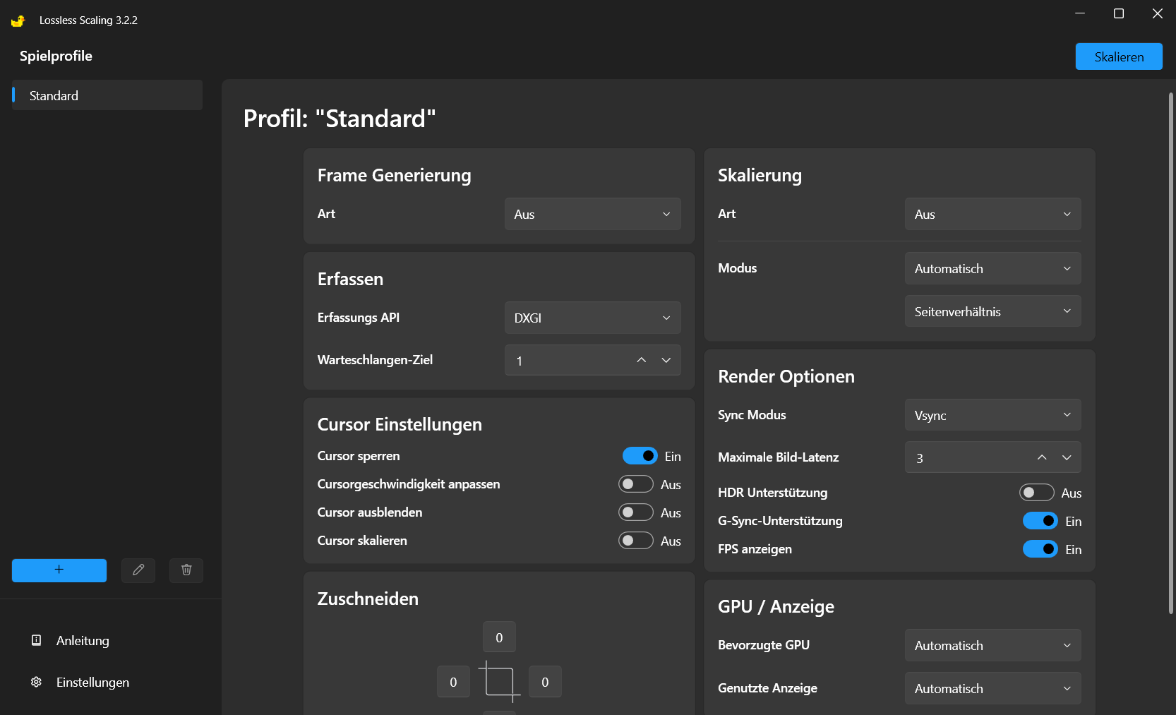 Lossless Scaling Hauptbildschirm