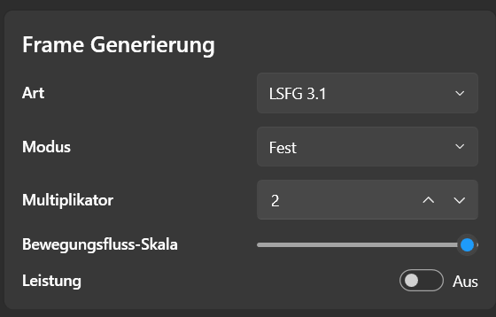 Lossless Scaling Frame Generierung Einstellungsblock