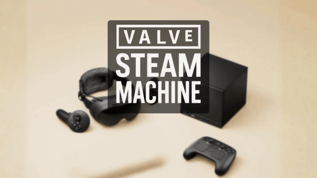Valve Steam Machine Blog-Beitragsbild mit Steam Frame und Steam Machine im Hintergrund