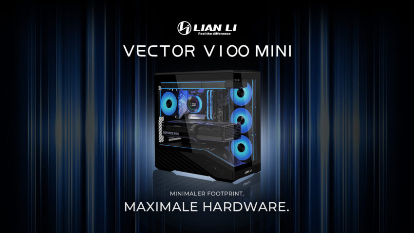 Lian Li VECTOR V100 PC-Gehäuse vor blauem Hintergrund