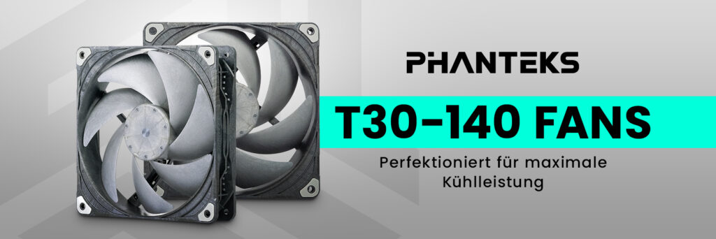 Phanteks T30-140 Banner für den Blog mit zwei Lüftern und schrift