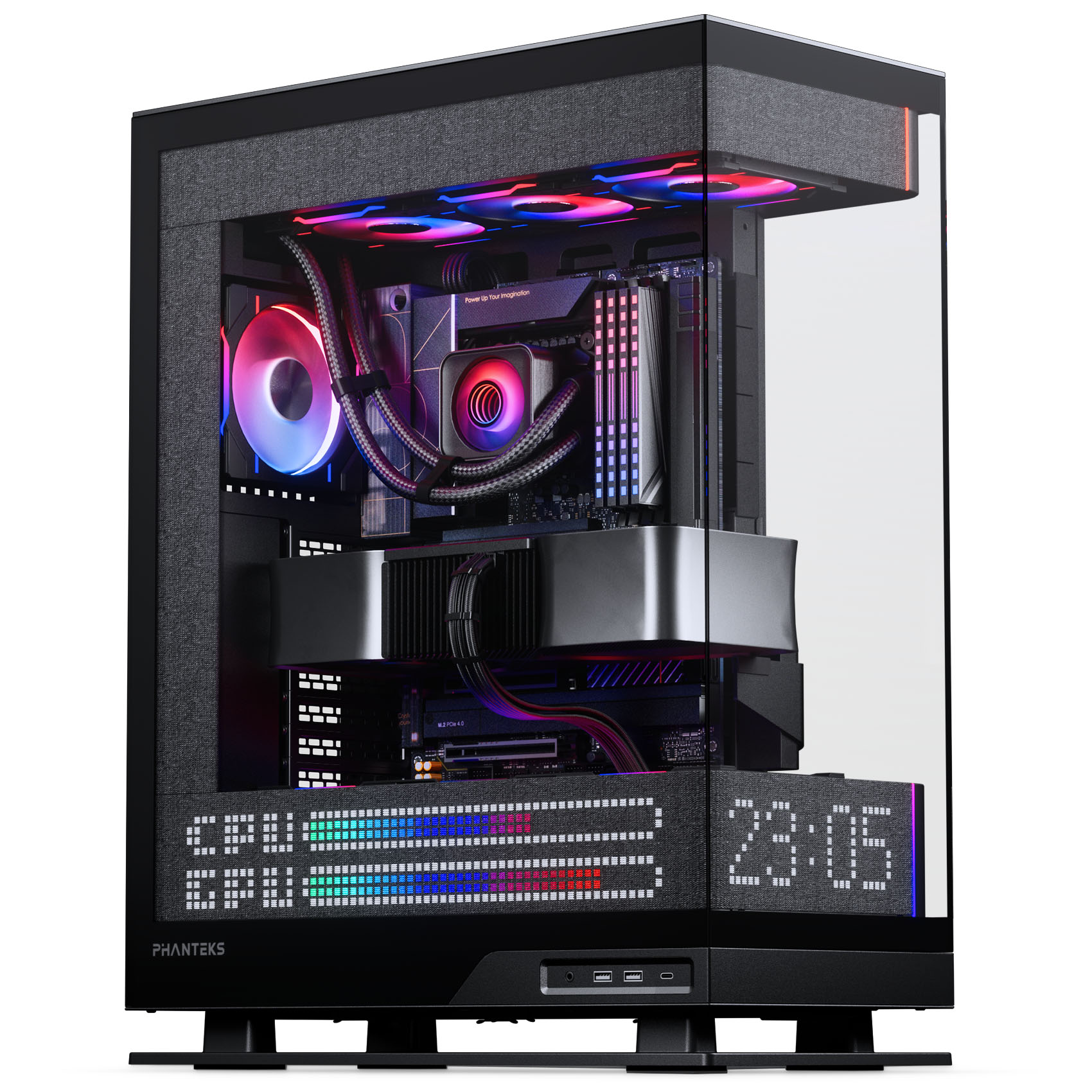 Phanteks Evolv X2 Matrix PC-Gehäuse von der linken Seite schräg mit eingebauter Hardware