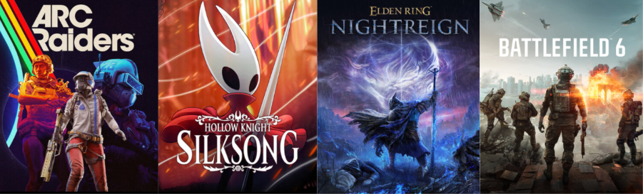 Steam-Banner von Arc Raiders, Hollow Knight: Silksong, Elden Ring Nightreign und Battlefield 6