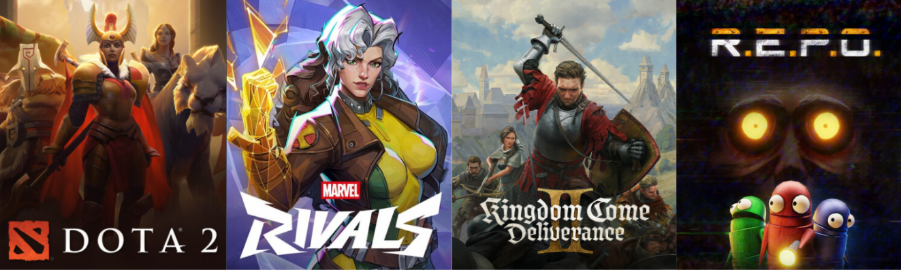 Banner von Dota 2, Marvel Rivals, Kingdom Come Deliverance 2 und REPO