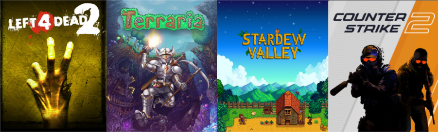 Steam-Banner von Left 4 Dead 2, Terraria, Stardew Valley und Counter Strike 2