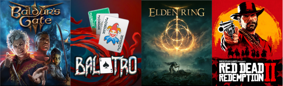 Banner von Baldur’s Gate 3, Balatro, Elden Ring und Red Dead Redemption 2