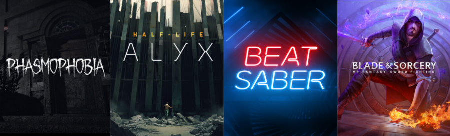 Spiele-Banner von Phasmophobia, Half-Life: Alyx, Beat Saber und Blade and Sorcery