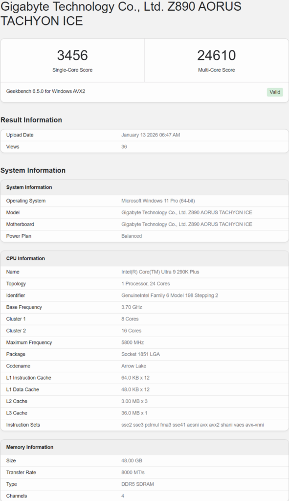Intel Core Ultra 9 290K Plus - Vergleich im Geekbench 6