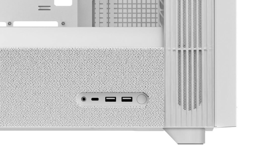 TRYX FLOVA F50 Midi-Tower von der Seite mit Detailansicht auf das I/O-Panel in weiß