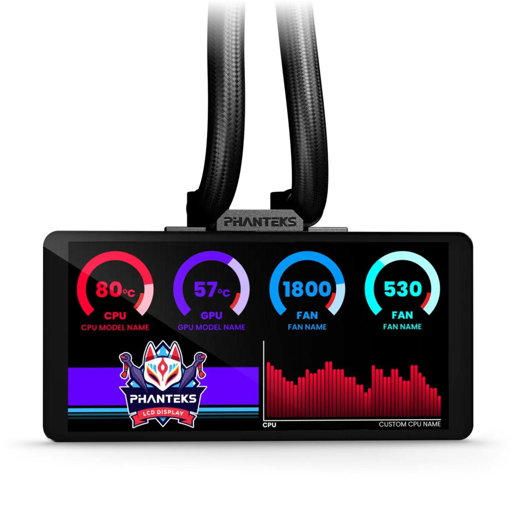 PHANTEKS Glacier One M25 LCD in schwarz mit Detailansicht auf angeschaltetes Display