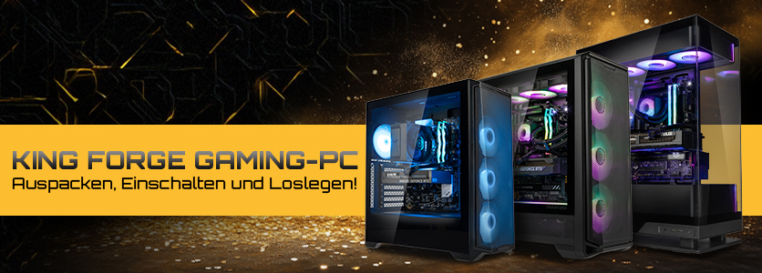 King Forge Lineup, drei PCs auf einem Bild mit gelbem Banner und Text