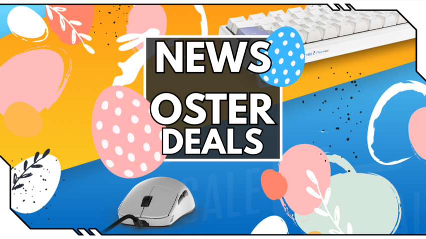 Beitragsbild für den Osterblog mit Mäusen, Tastaturen, Hasen und Ostereiern