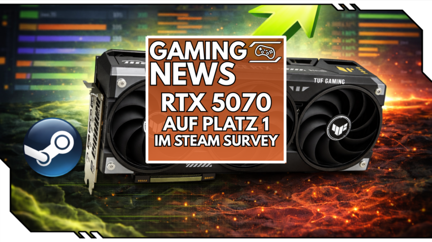 RTX 5070 mit Schrift, Steam Logo und einem Pfeil der nach oben geht
