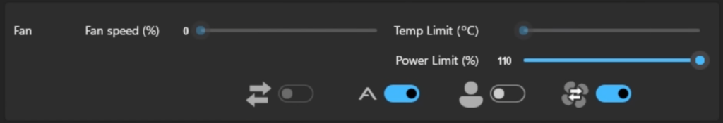 MSI Afterburner mit Reglern für Fan speed, Temp limit und Power limit