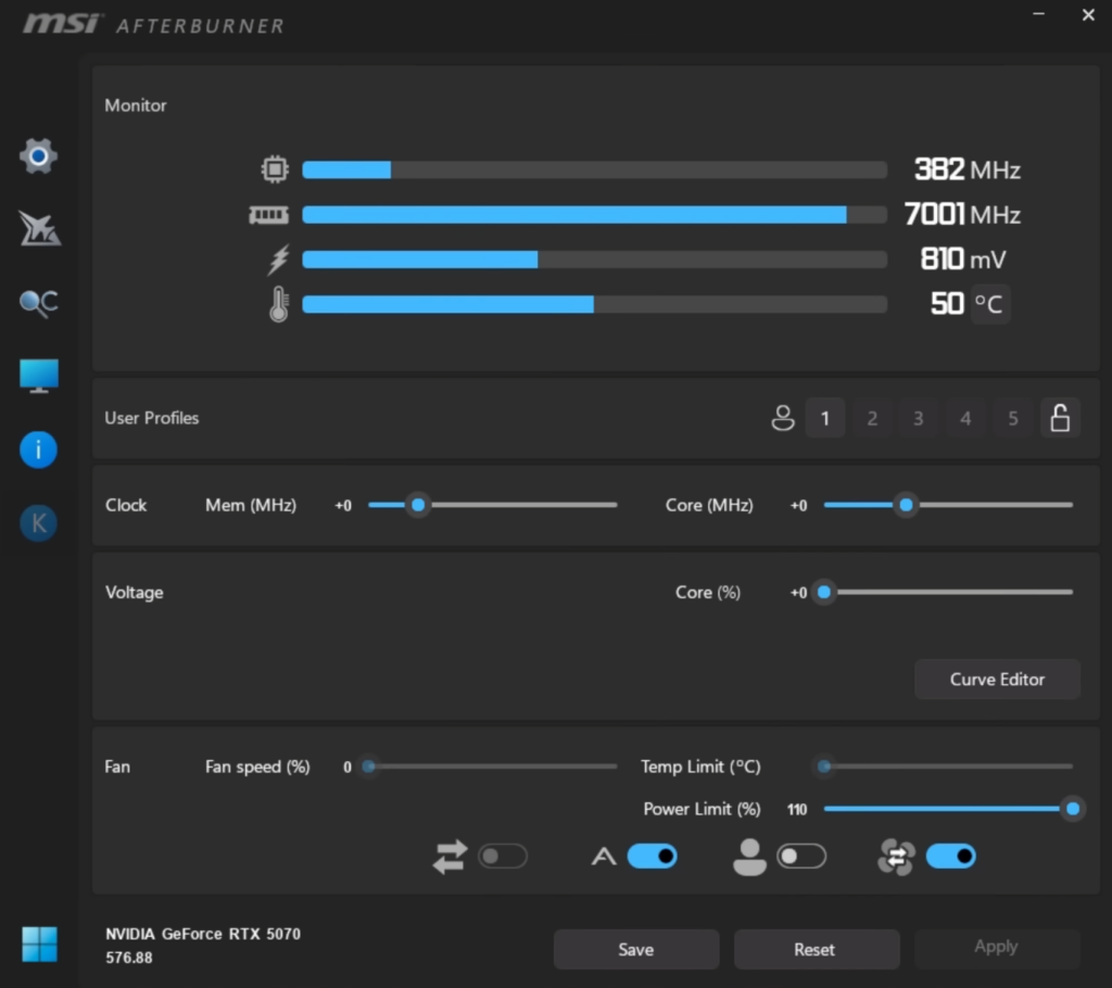 MSI Afterburner mit Reglern für Core Clock, Memory Clock, Power Limit und Monitoring-Anzeige