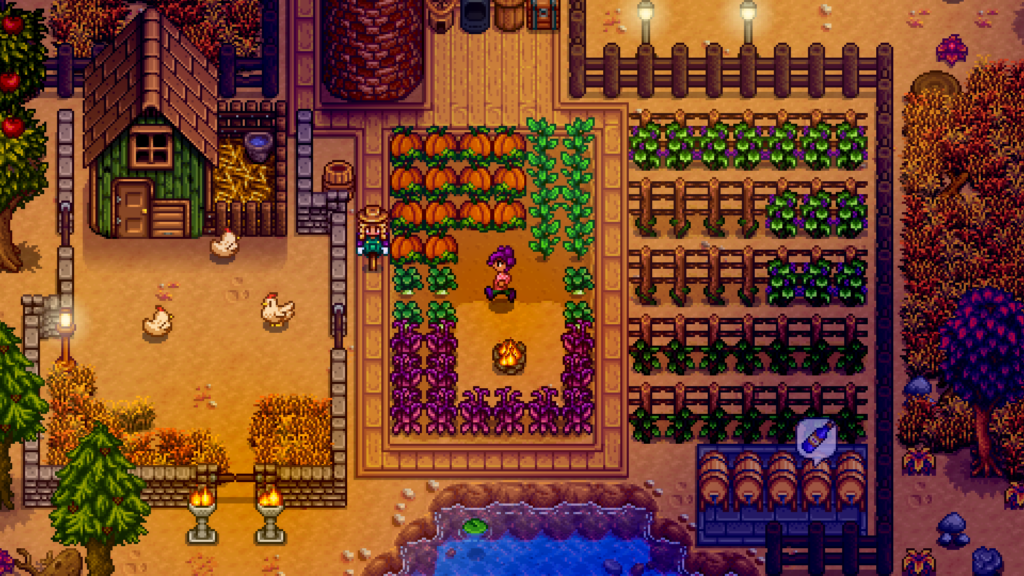 Stardew Valley mit Sicht auf eine Farm am Abend