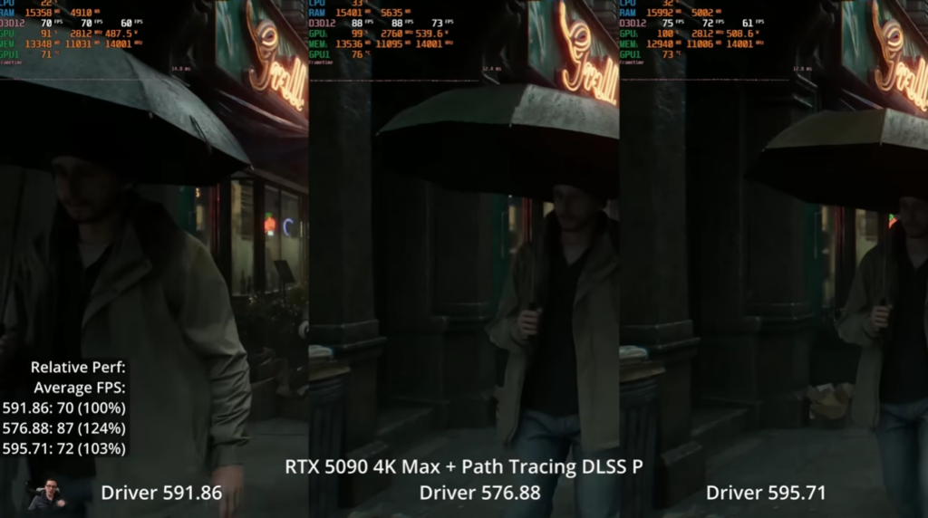 Screenshot aus Resident Evil Requiem in dem verschiedene Treiber auf der Nvidia GeForce RTX 5090 verglichen werden