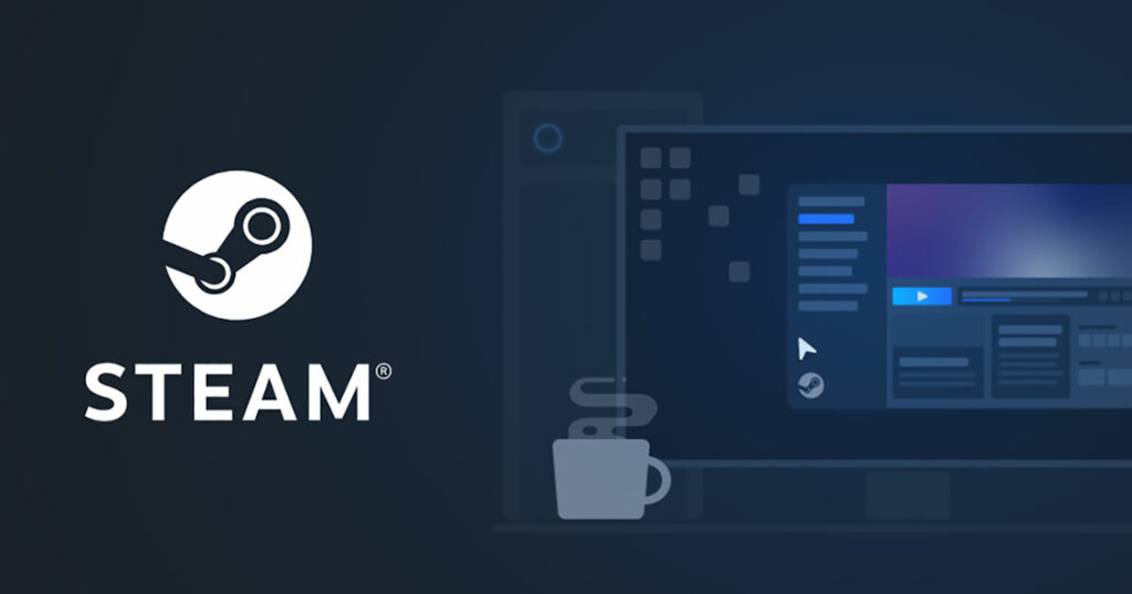 Steam-Logo auf dunkelblauem Hintergrund der offiziellen Steam-Seite.