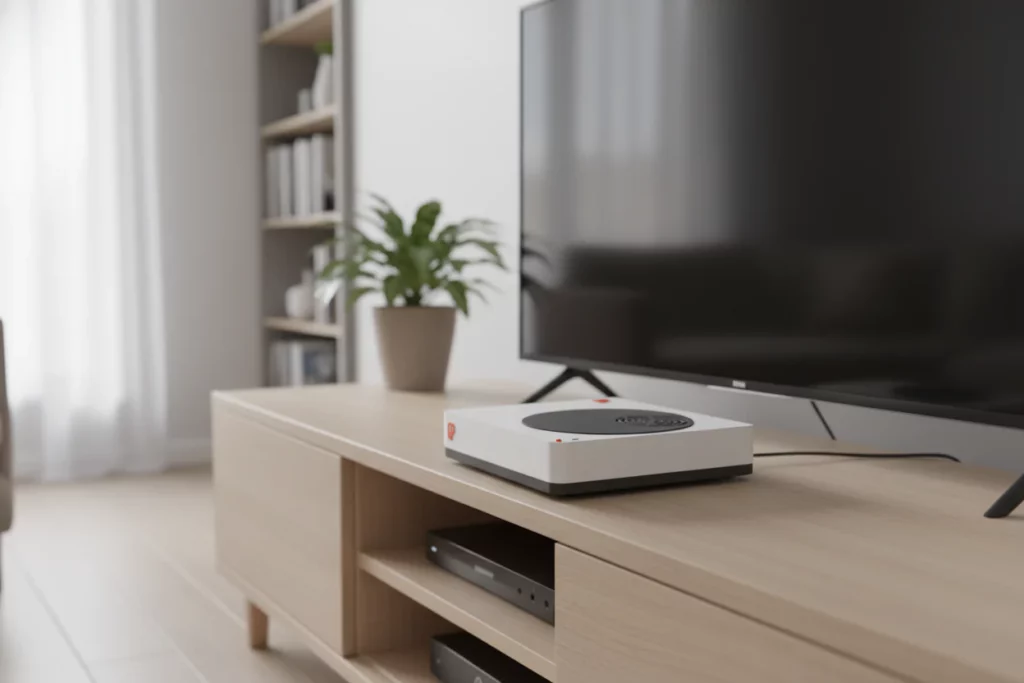 Playnix Konsole auf einem Lowboard vor einem Fernseher im hellen Wohnzimmer
