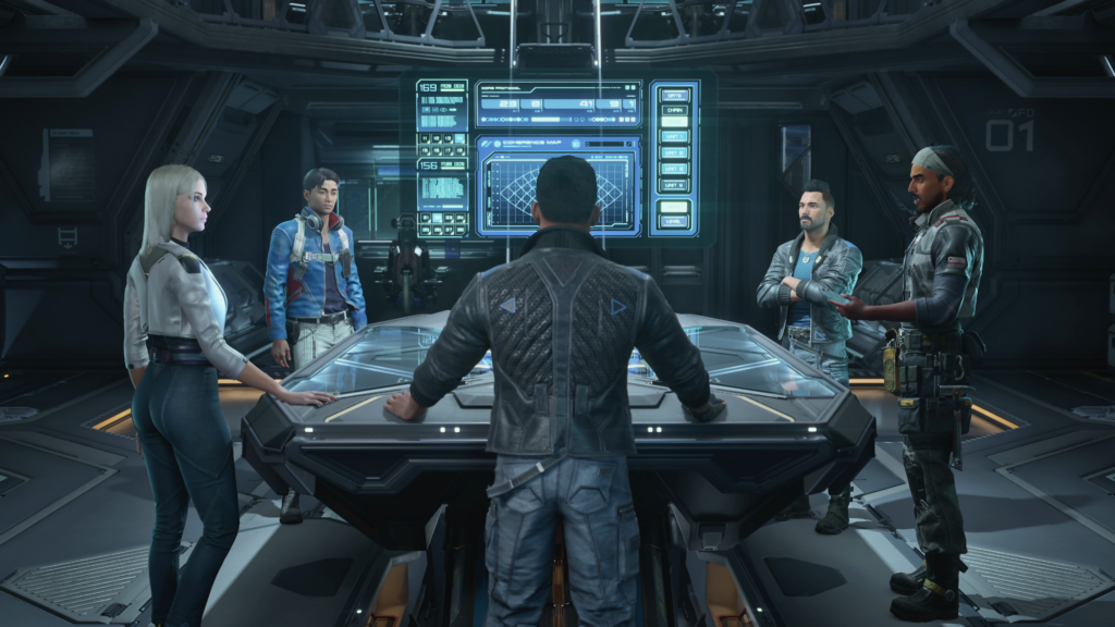 Crew bespricht eine Mission an einem holografischen Tisch auf der Brücke.
