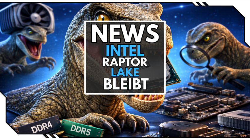 Raptor mit einer Intel CPU im Maul und dem Text: Raptor Lake Bleibt