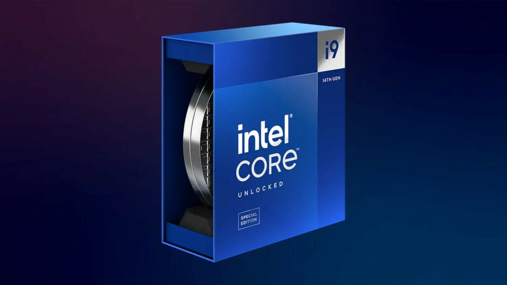 Intel core i9 14th Gen Prozessor vor rotblauem Hintergrund in der Verpackung