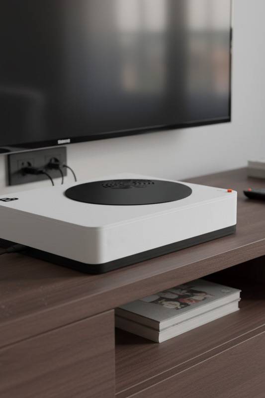 Playnix Konsole in Nahaufnahme auf einem TV-Möbel unter einem Fernseher