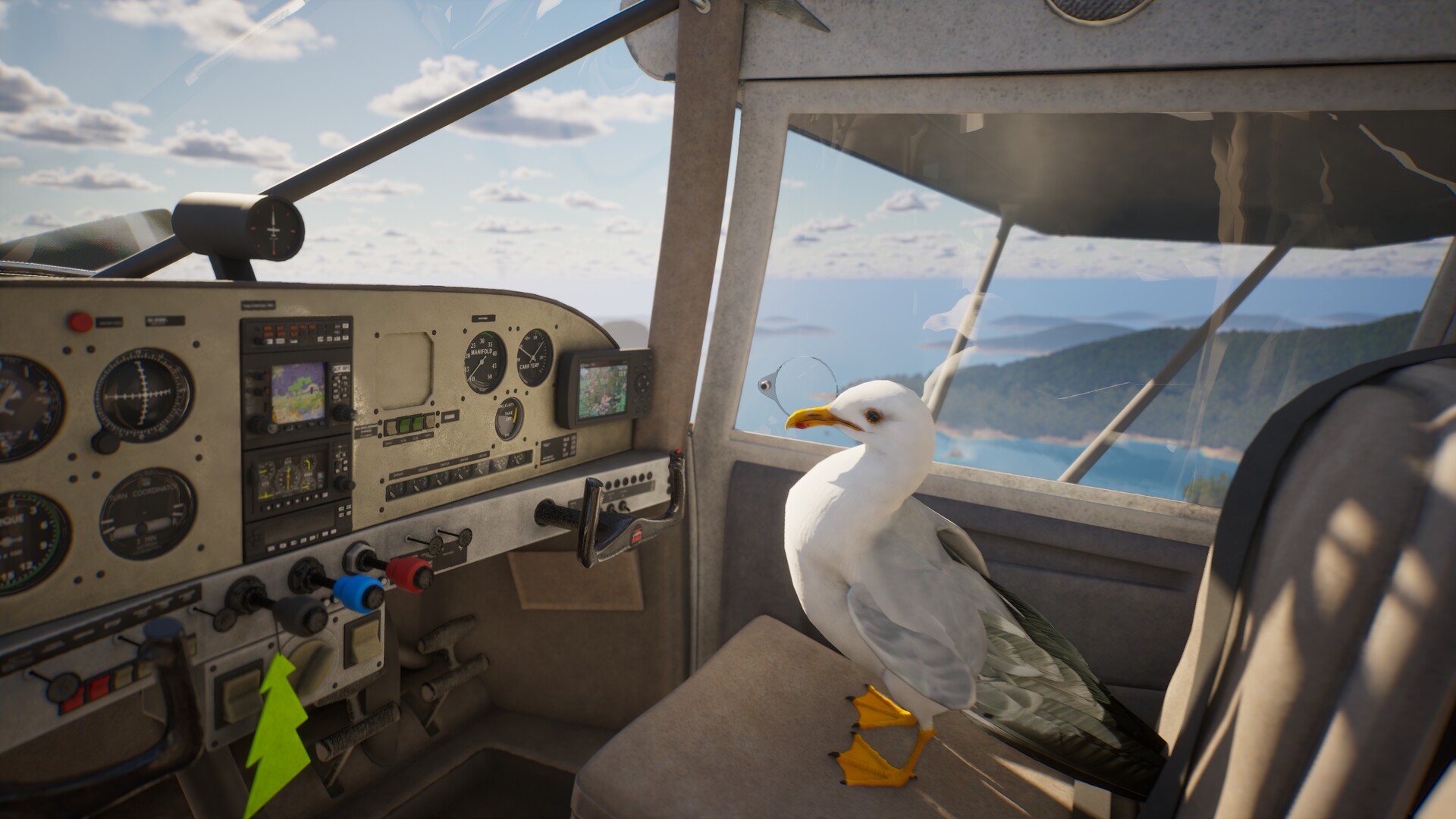 Cartel Pilots Wanted Innenansicht Cockpit mit Möwe auf Copiltensitz