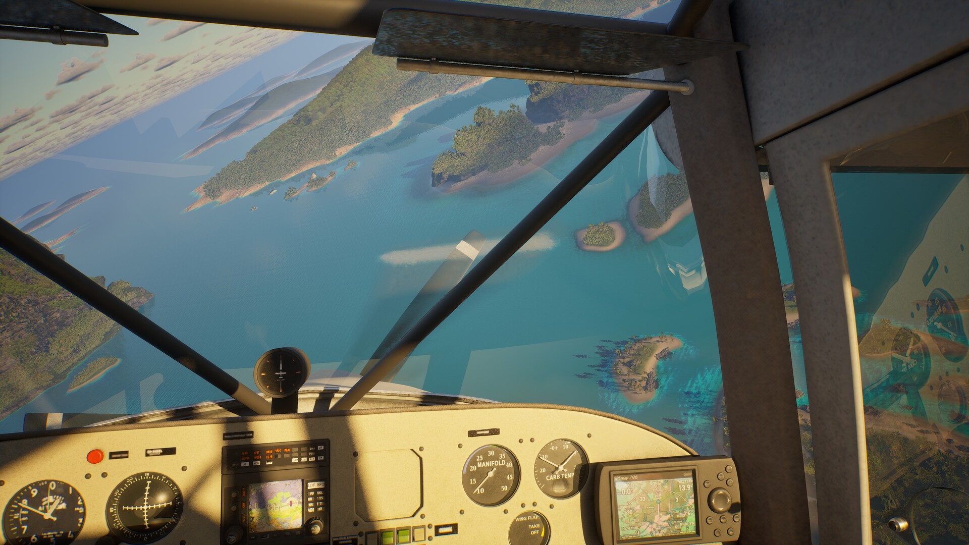 Cartel Pilots Wanted Cockpit mit Aussicht auf Insellandschaft